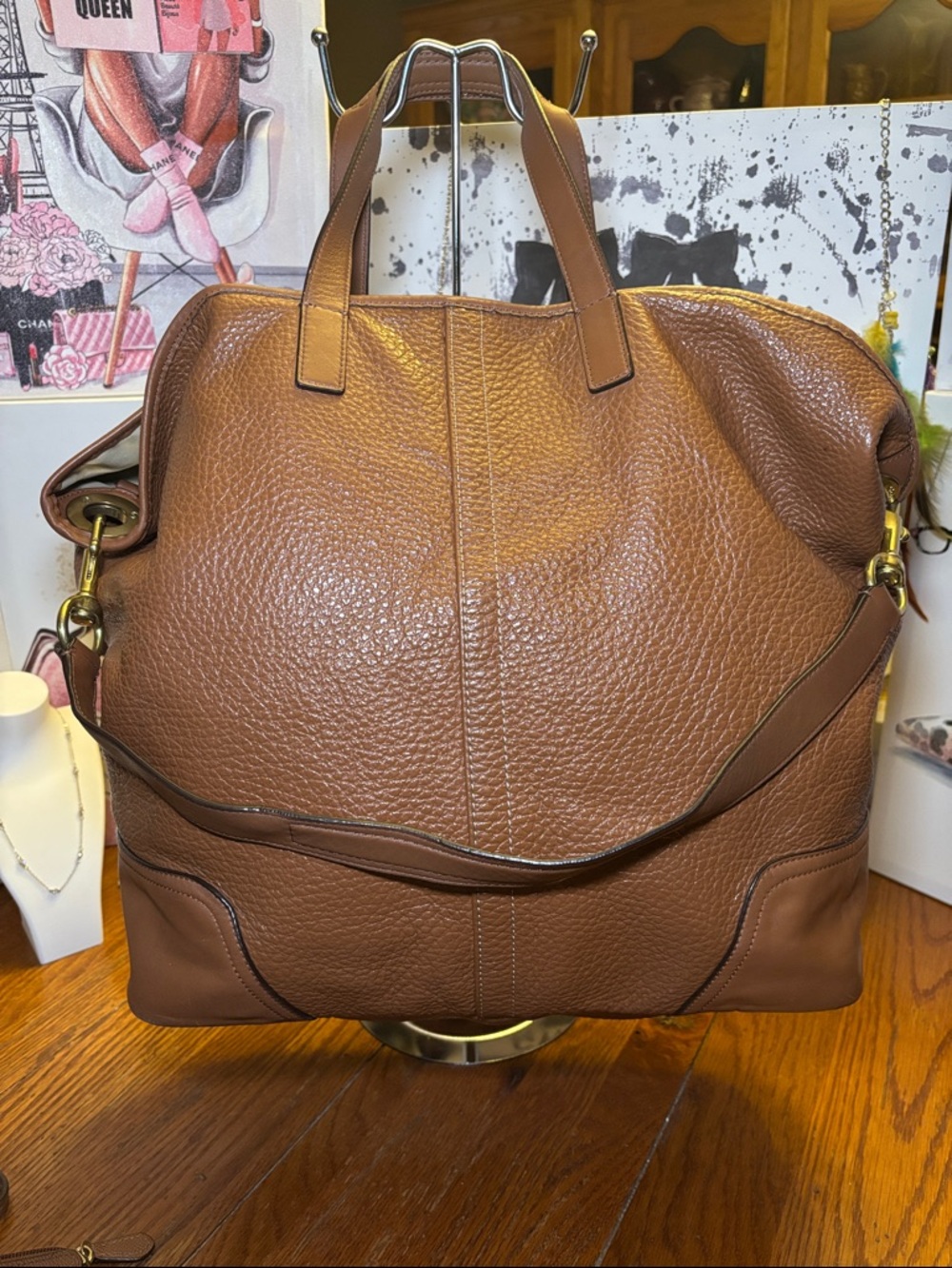 Coach Hadley Pebbled Leather Tote Shoulder Bag Cognac Brown + 2 Matching Pouches